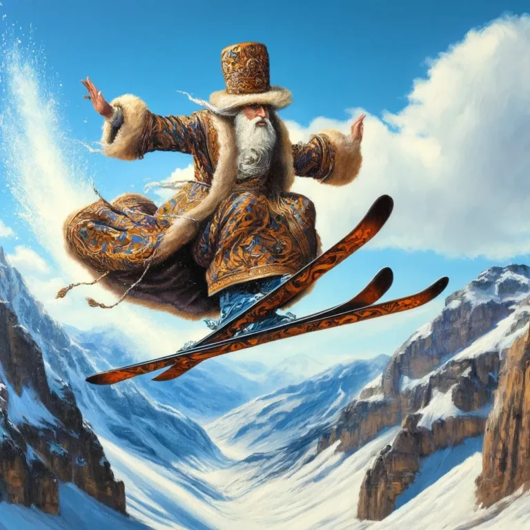 An acrylic painting depicting a Rabbi in ancient traditional attire, reminiscent of biblical times, skiing down a snowy slope in the Alps