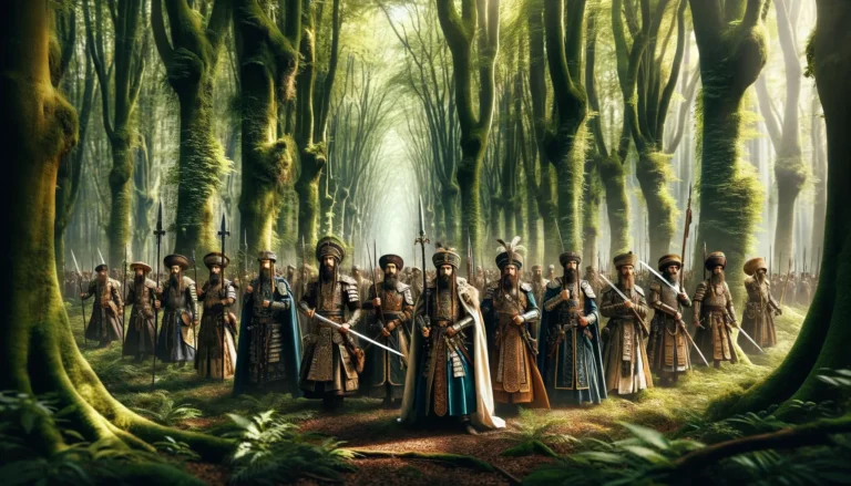 An ancient Jewish army is depicted marching through a dense forest, embodying a scene of solemn determination and unity