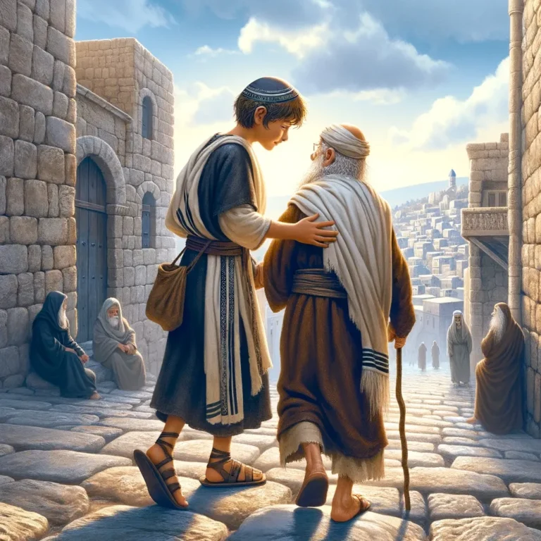 An ancient Jewish boy, dressed in traditional attire of the period, is depicted helping an elderly man across a cobblestone street in ancient Jerusale
