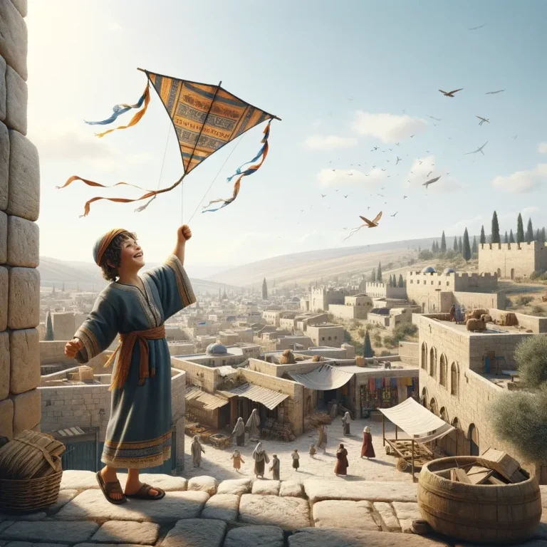 An ancient Jewish boy, dressed in traditional attire with a tunic and sandals, is joyfully flying a handmade kite