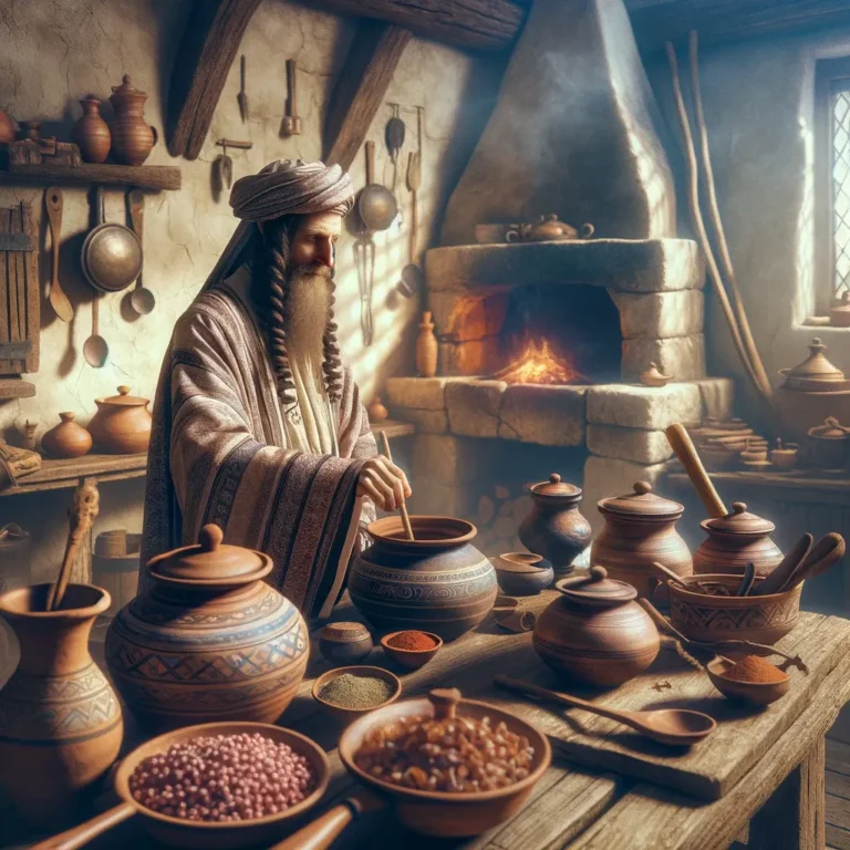 An ancient Jewish man is cooking in a traditional kitchen, surrounded by earthenware pots and rustic wooden utensils