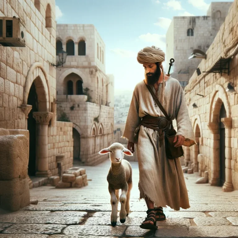 An ancient Jewish man, now wearing a small turban, strolls with his lamb through the historic streets of ancient Jerusalem