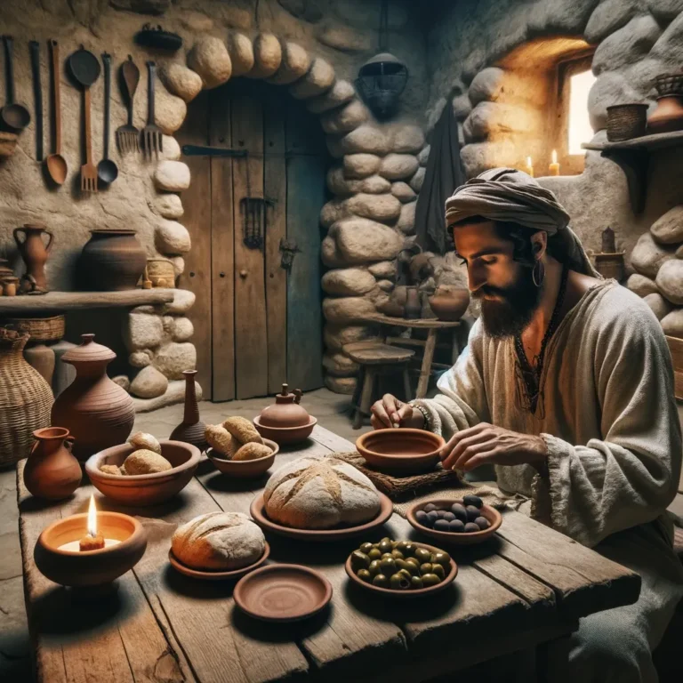 An ancient Jewish man sits at a wooden table inside a rustic, stone-walled kitchen