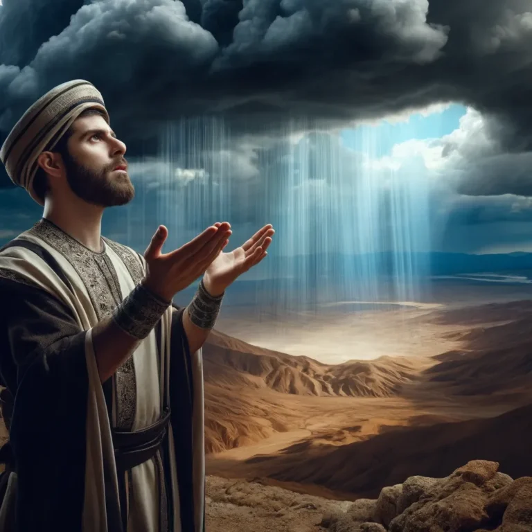 An ancient Jewish man with short hair and wearing a yarmulka, standing atop a mountain and praying with his hands raised to the sky