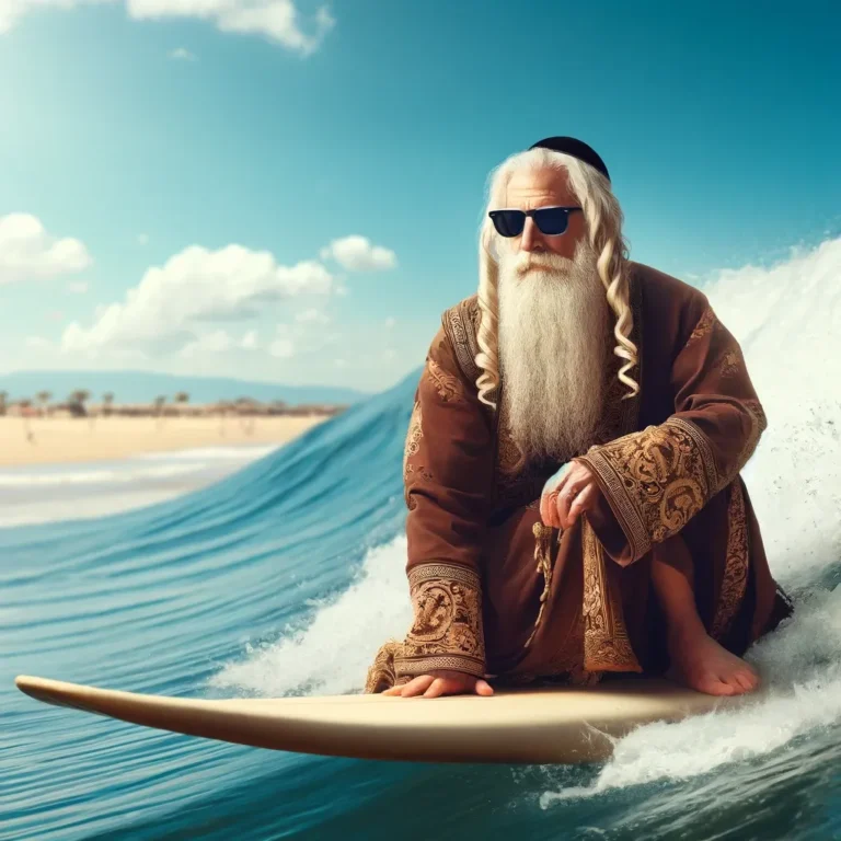 An ancient Jewish sage with a long white beard and traditional robes, sporting dark sunglasses, surfing on waves