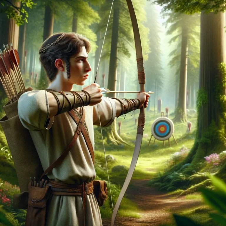 An ancient Jewish young man training with his bow to shoot arrows at a target in the forest