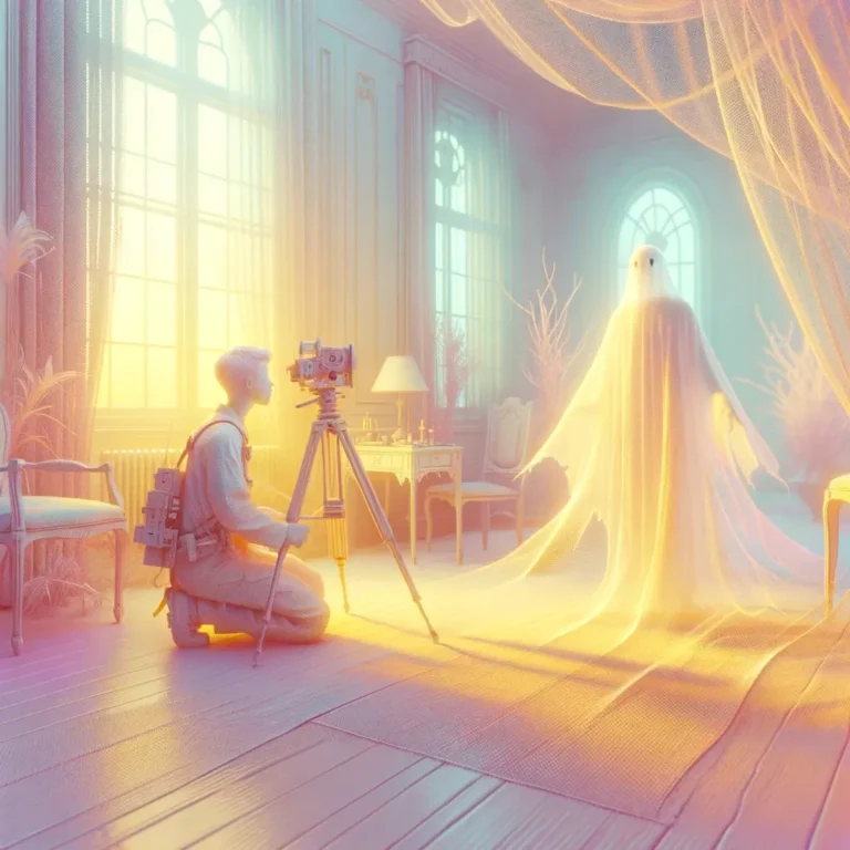 Craft an image depicting a paranormal investigation in a soft, pastel color palette, reflecting a gentle and dreamy approach to the supernatural theme