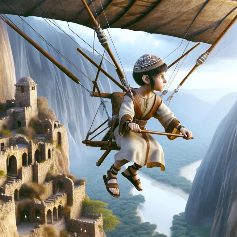 Create a highly realistic image of a young Jewish boy from ancient times, expertly gliding through the air on a hang glider, adorned with a detailed a