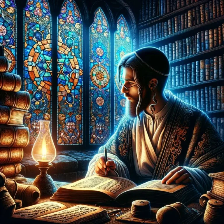 Create a variation of the previous images, showing an ancient Jewish man studying in an old library at night, but with a specific change in his appear