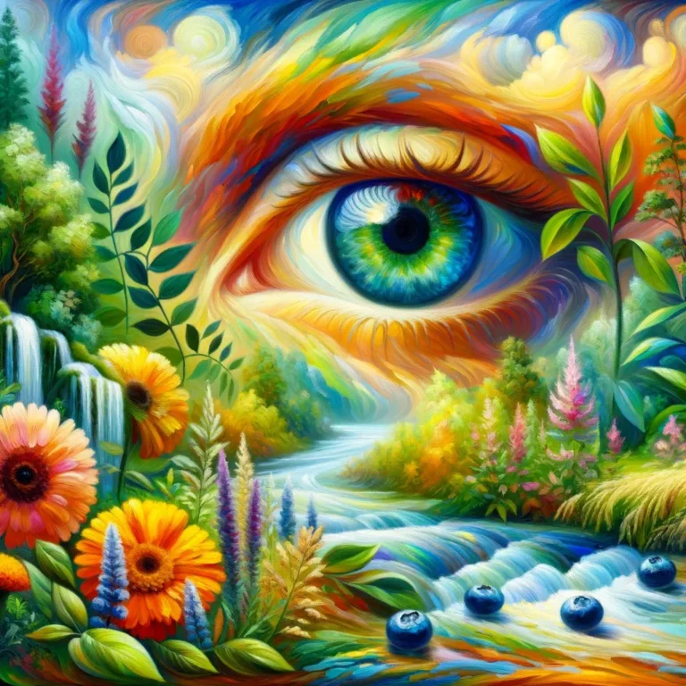 Create a vibrant, colorful oil painting that visualizes the concept of Holistic Eye Care
