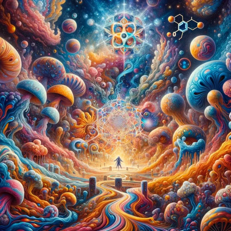 Create an alternate representation of the theme of psilocybin experiences, pushing the boundaries of the previous concepts