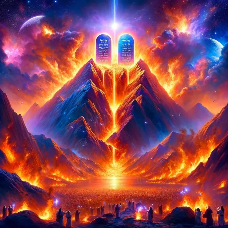 Create an epic, colorful, and detailed image of Mount Sinai in flames, depicting the moment when the two sapphire tablets bearing the Ten Commandments