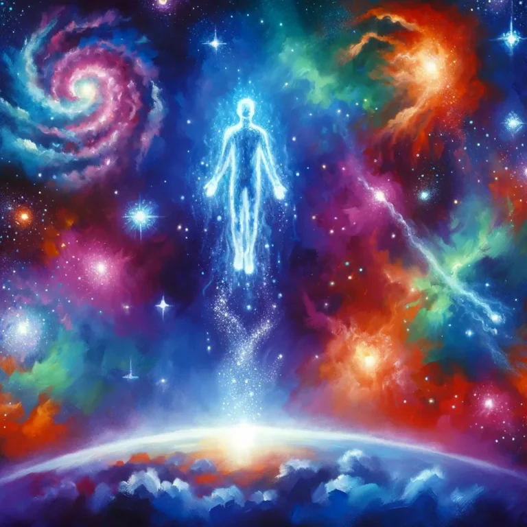 Create an image depicting the concept of astral travel, using acrylic paint style