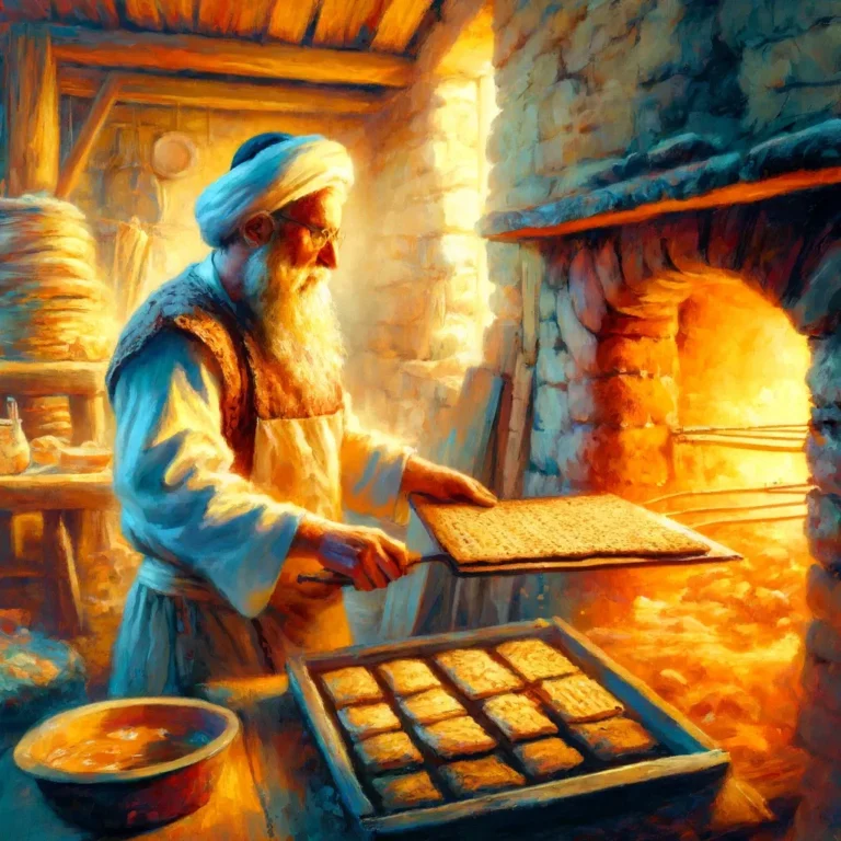 Create an image of an ancient Jewish man baking Matzah in an oven, depicted in a vibrant and textured acrylic painting style