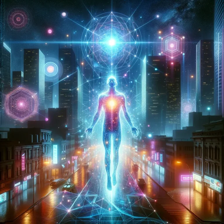 Create an image that captures the essence of astral travel with a focus on artificial lighting to enhance the mystical and ethereal mood