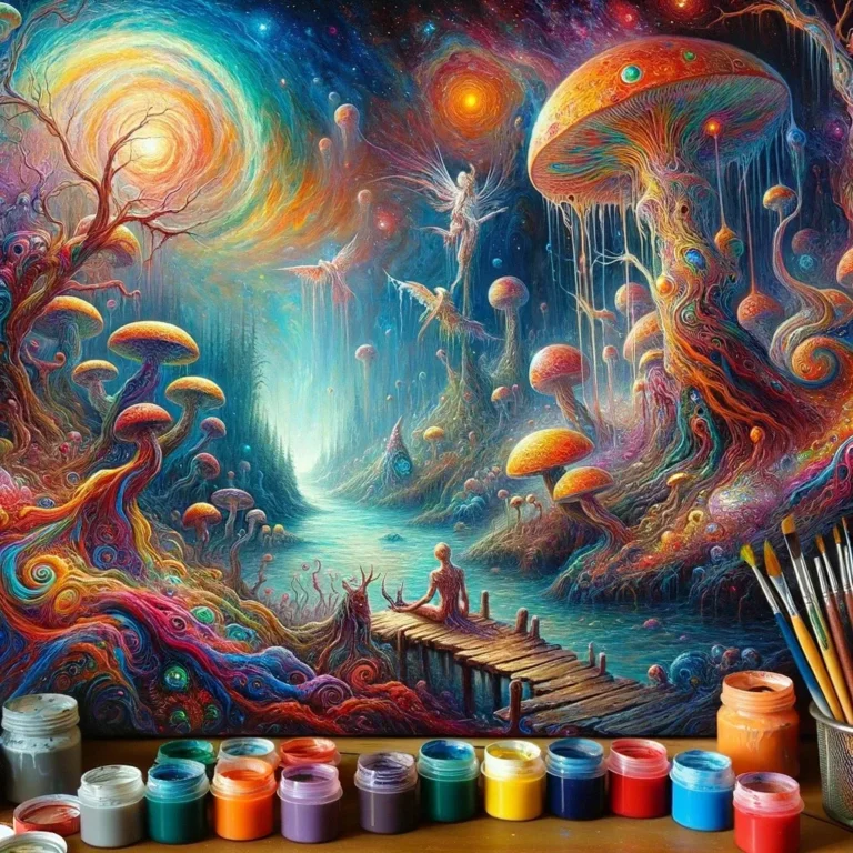 Create an image that embodies the essence of psilocybin experiences, again using the acrylic paint style to bring out the intense, vivid imagery assoc