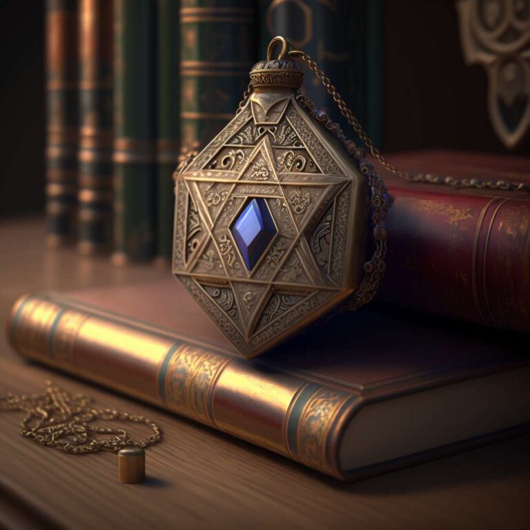 picture_of_a_Jewish_amulet_on_a_table_inside_an_old_library