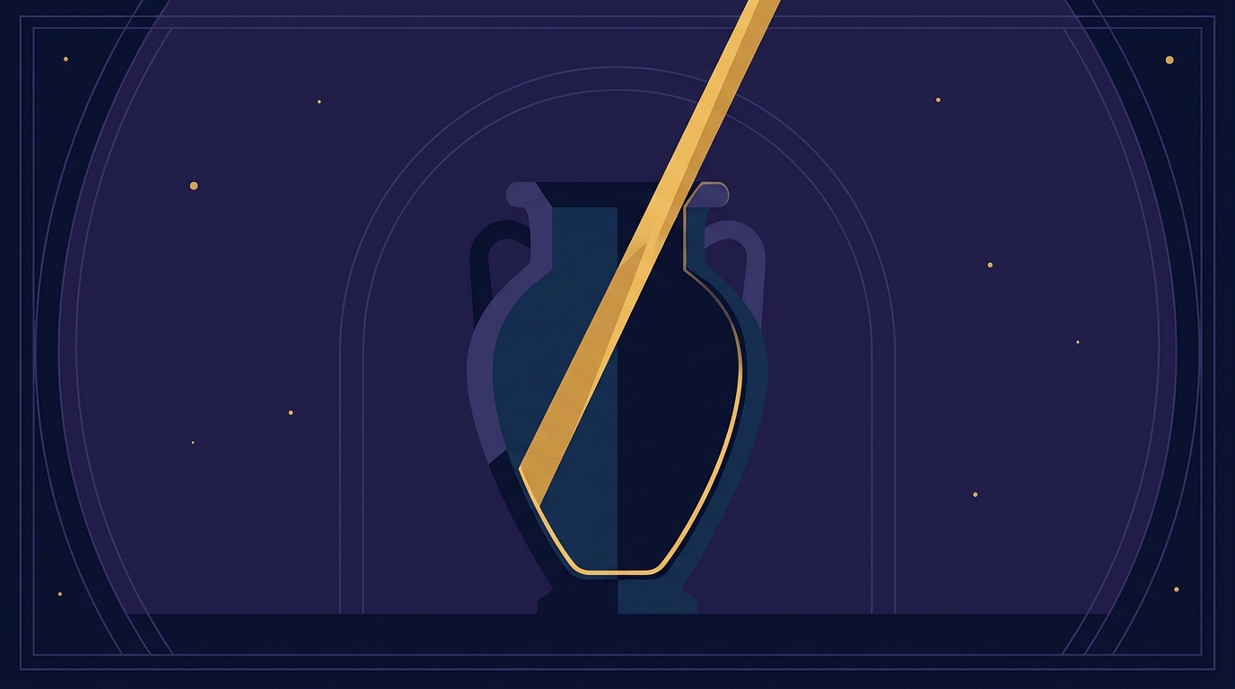 Um recipiente esvaziado com um fino resíduo dourado e um feixe de luz, ilustrando o tzimtzum