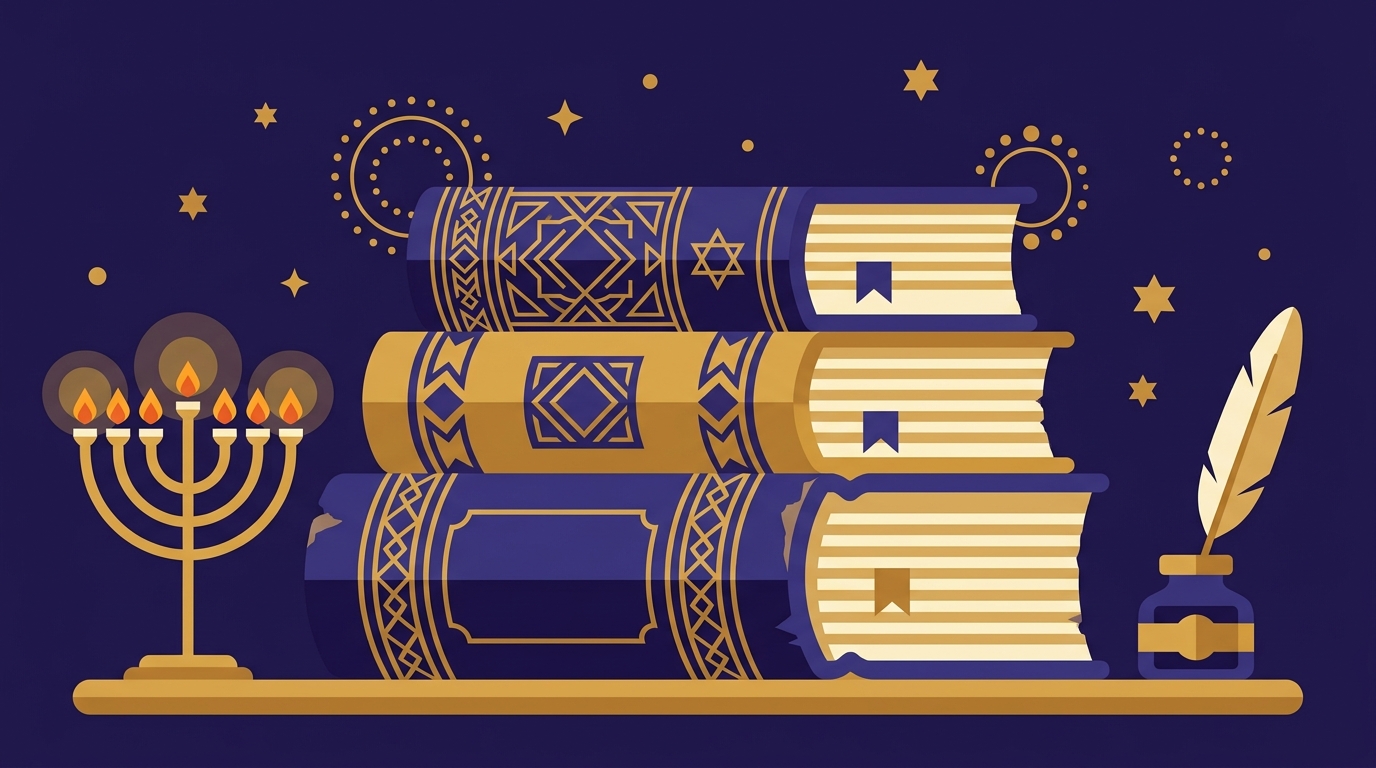 Uma pilha de três livros sagrados com uma pena, um tinteiro e uma pequena menorá