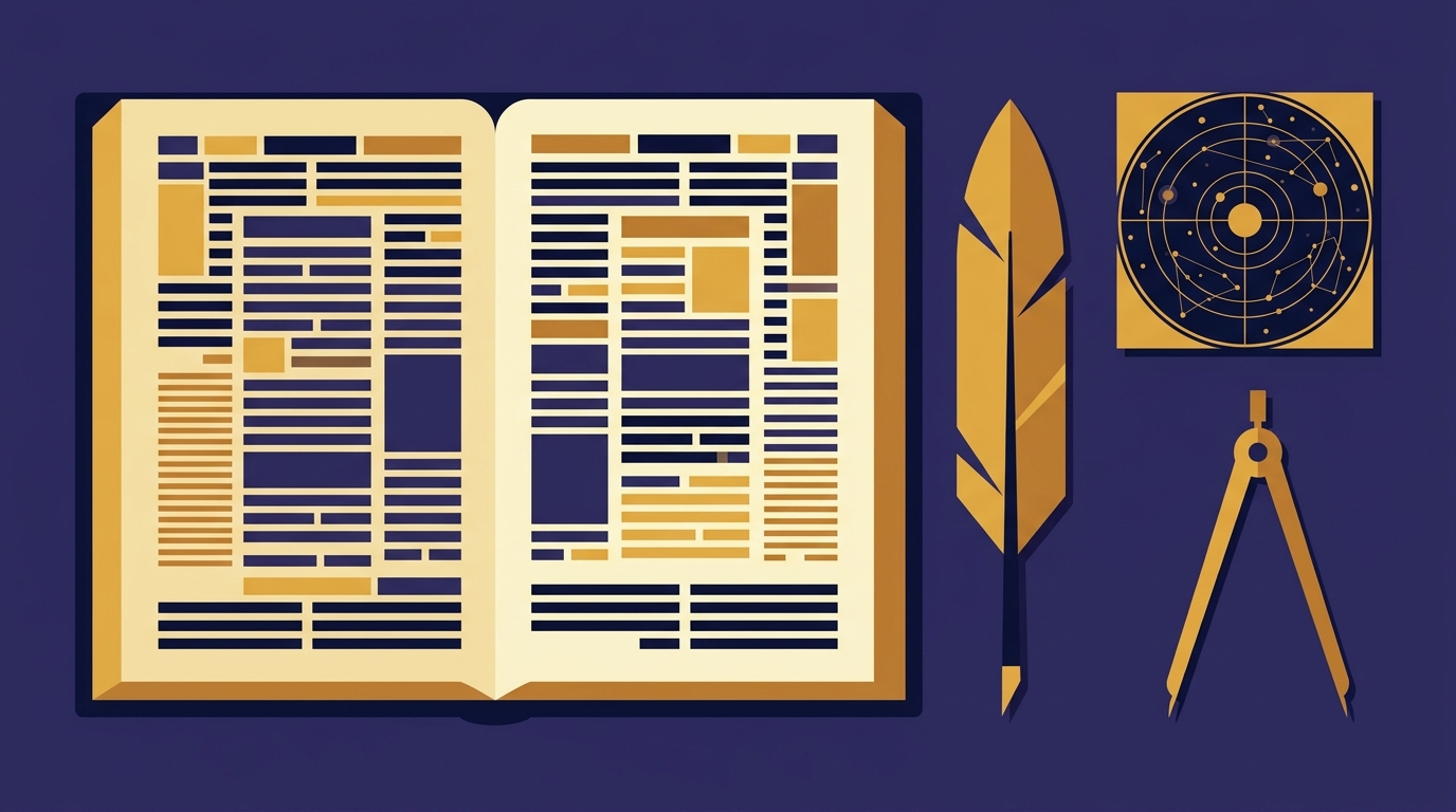 Uma página aberta do Talmud com uma pena, um compasso e um mapa estelar