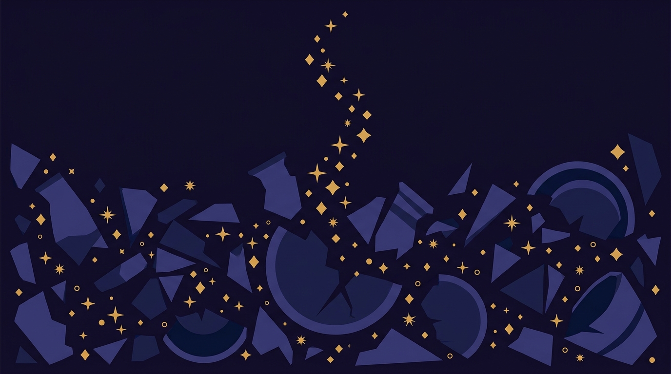 Gold sparks scattered among broken shards, illustrating the breaking of the vessels