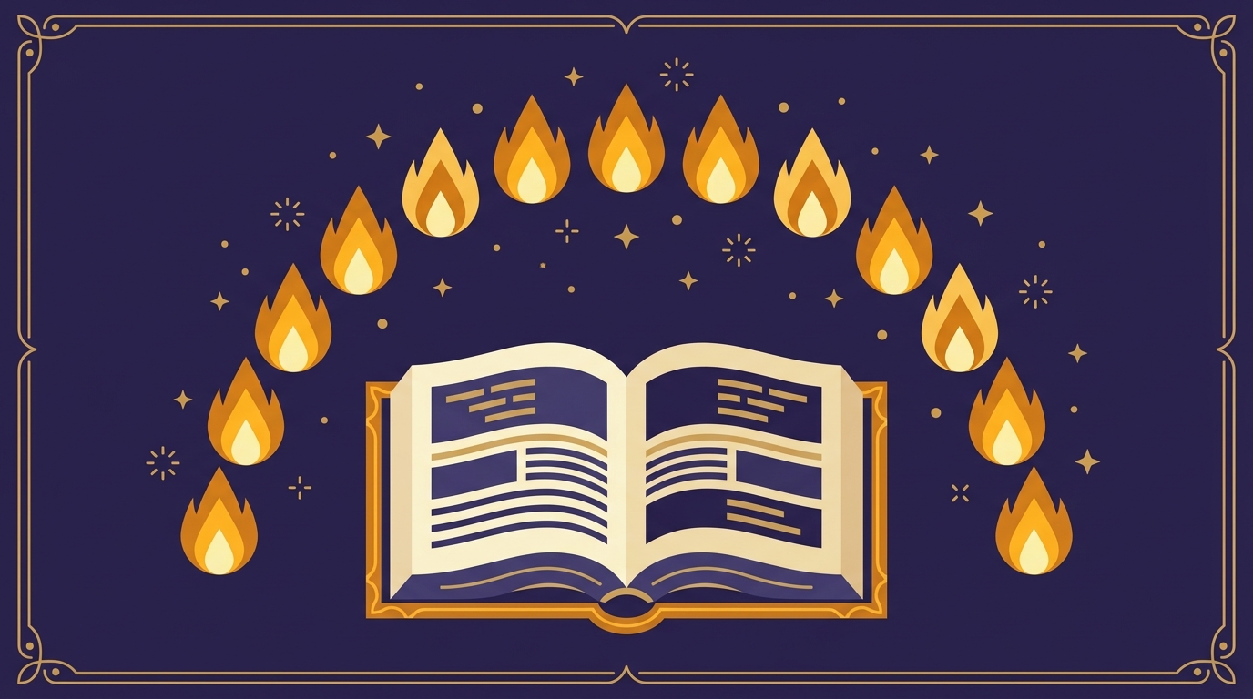 Thirteen small flames above an open book, illustrating the thirteen attributes