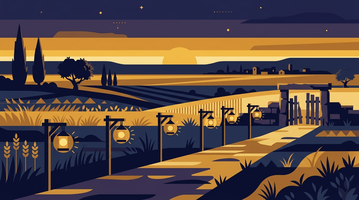 A field at sunset with lanterns along a path to a gate, illustrating Lecha Dodi