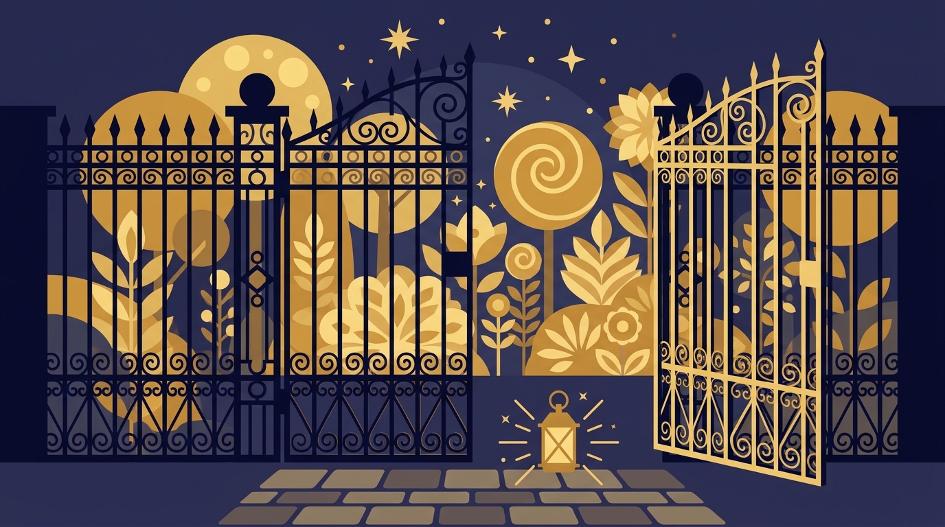 A half-open gate onto a pale garden, illustrating the Pardes