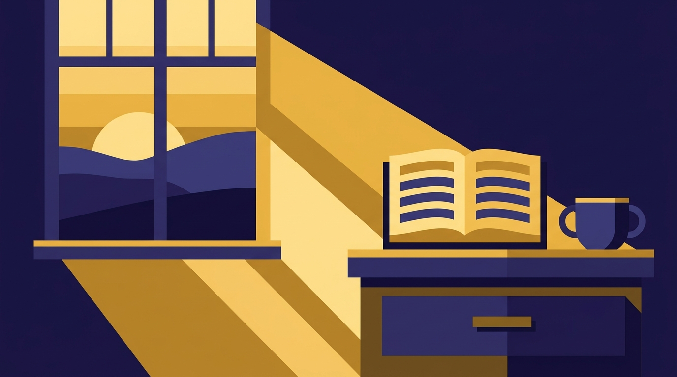 A window with first sun rays falling across an open siddur and a cup on a bedside table