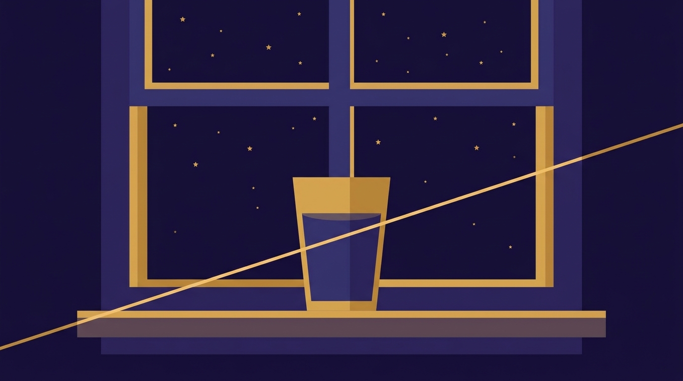 A glass of clear water with a thin line of gold light passing through it on a windowsill