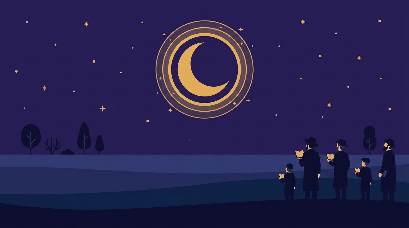 A crescent moon with a gold ring of light around it above a plain field