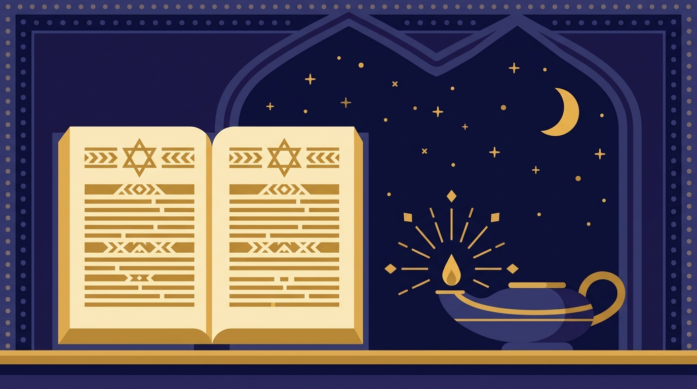 A small oil lamp beside an open siddur at night
