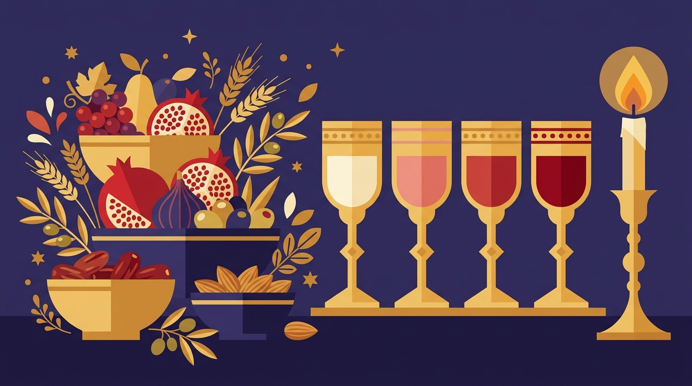 Four cups of wine from white to red beside bowls of fruit, illustrating the Tu BiShvat seder