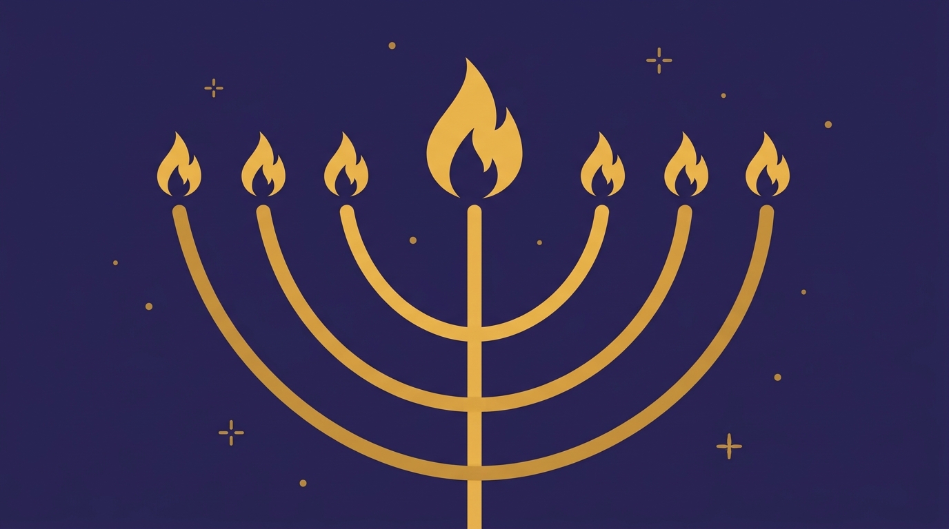 The central flame of the menorah with six arcs around it